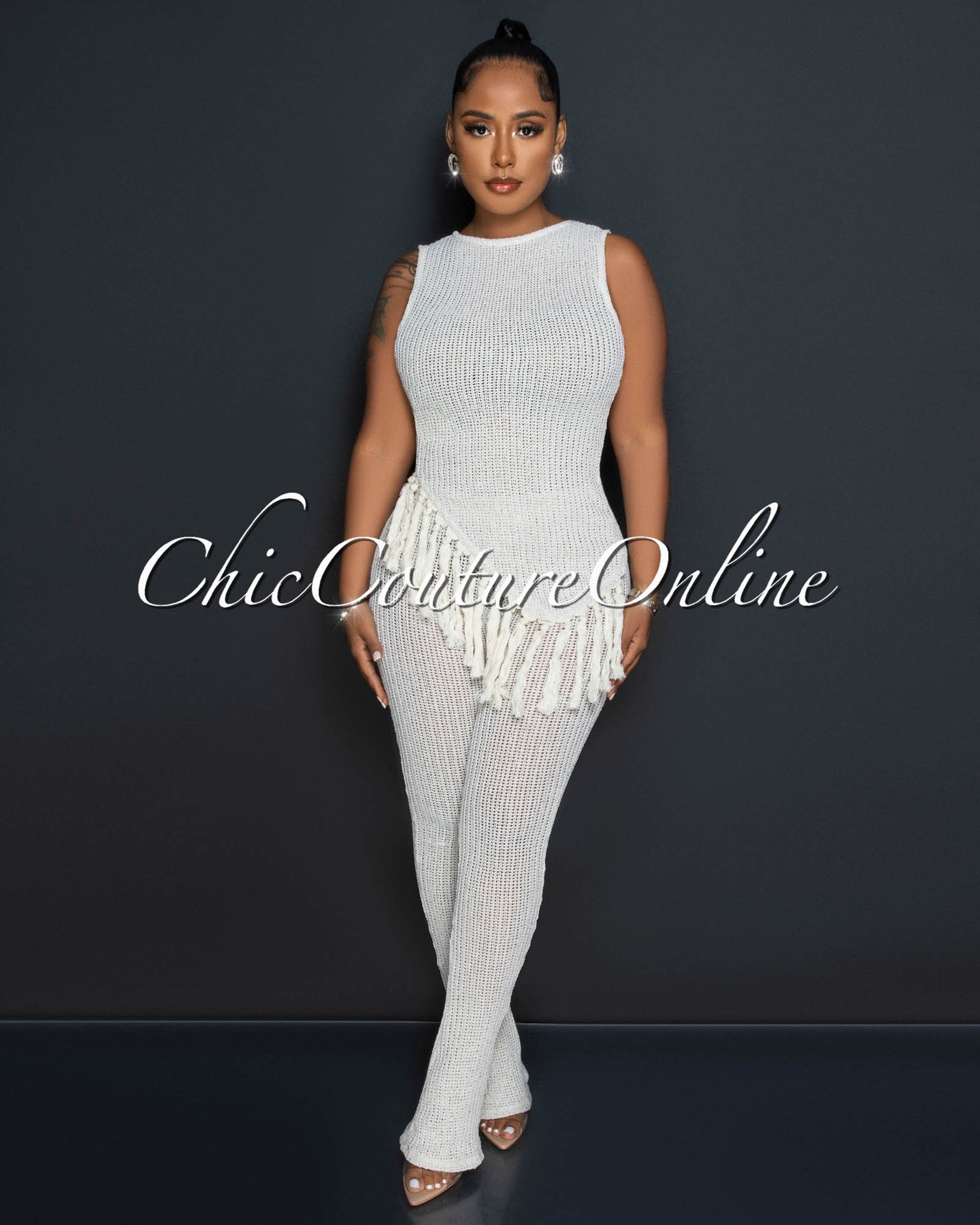 Fantina Cream Crochet Fringe Top & Bell Legs Pants Set