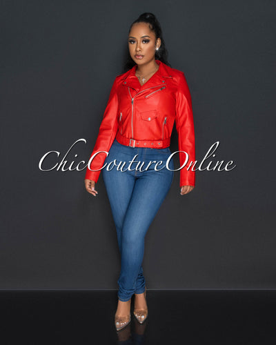 Payami Red Vegan Leather Zippered Jacket