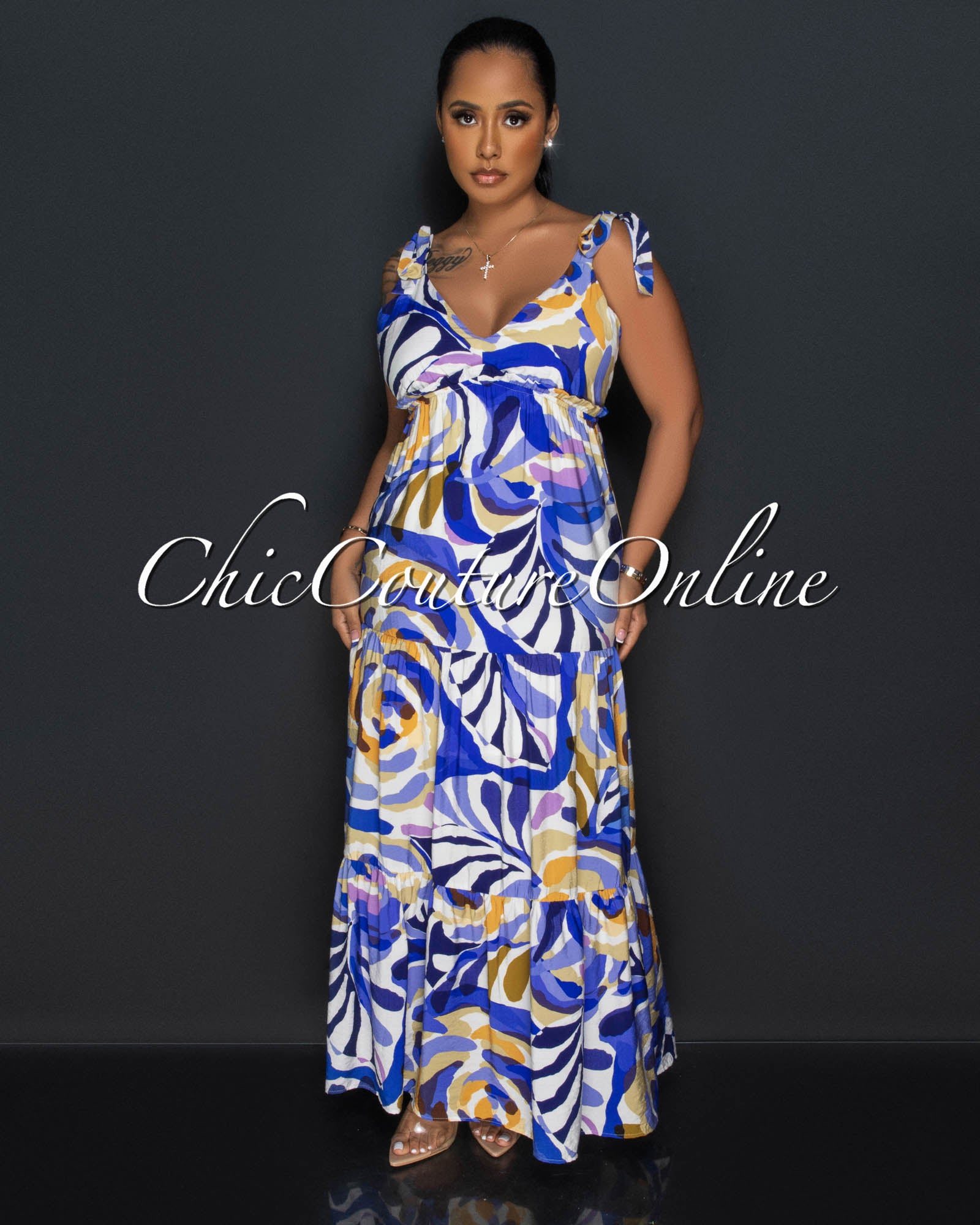 Finda Blue Cream Print Ruffle Maxi Dress