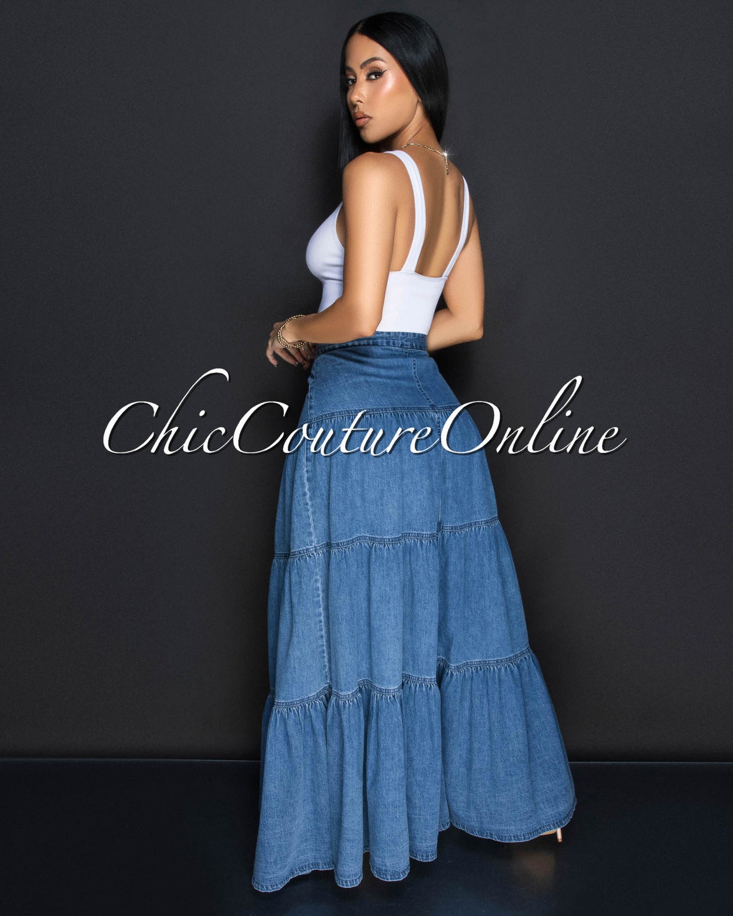 Carla Dark Blue Tier Denim Maxi Skirt