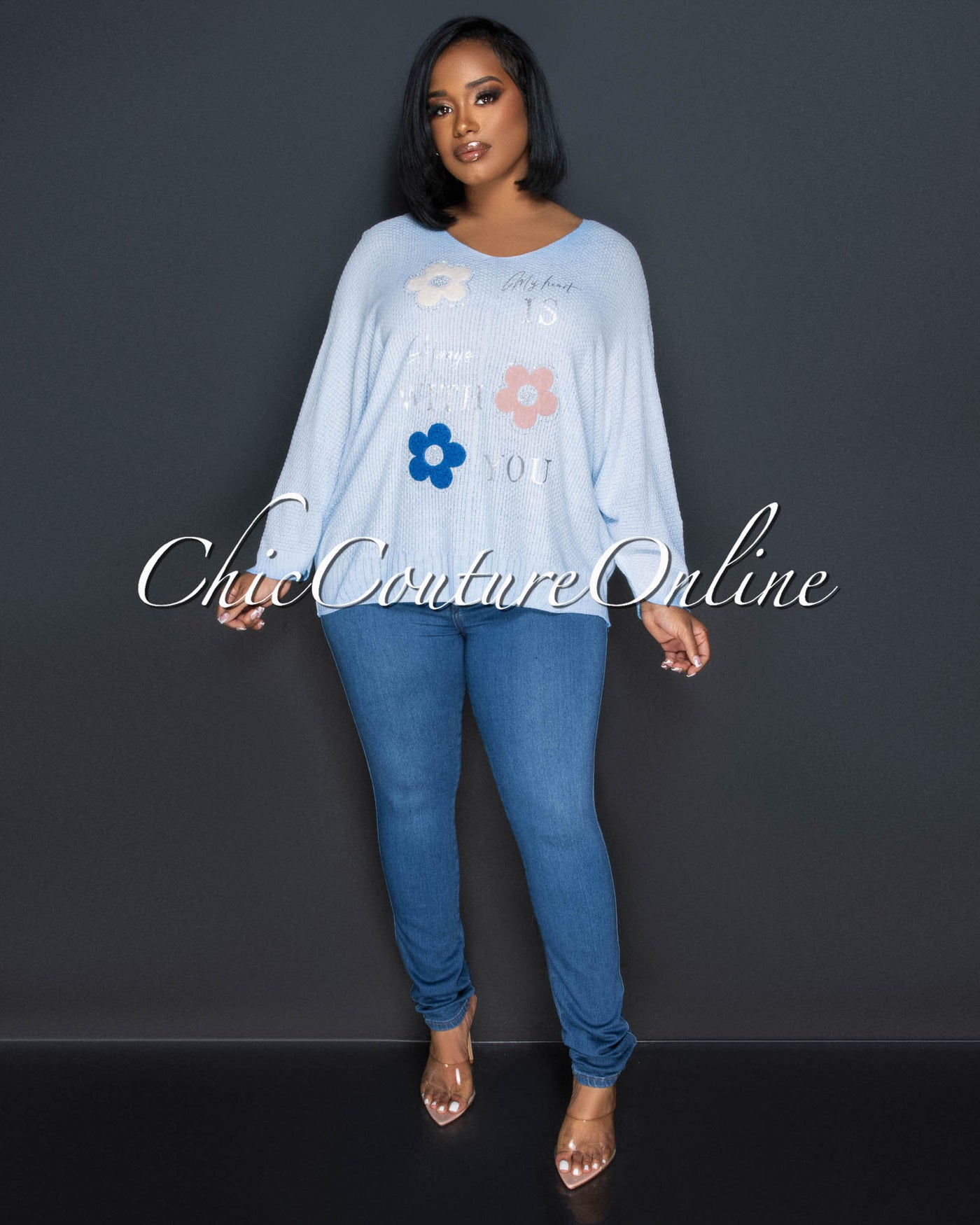 *Lucian Baby Blue Flowers Accent Knit Sweater
