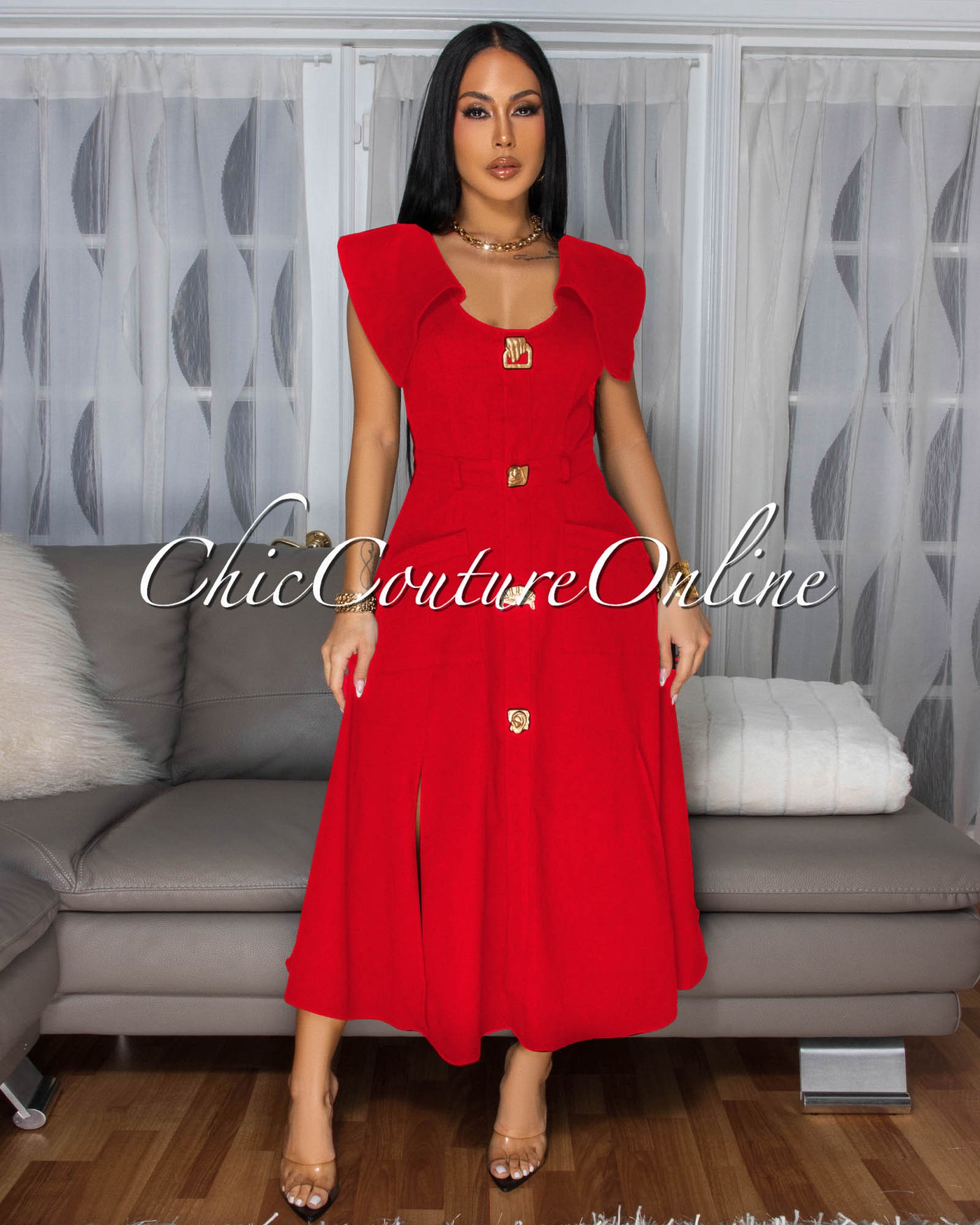 Selina Red Gold Buttons Flare Midi Dress