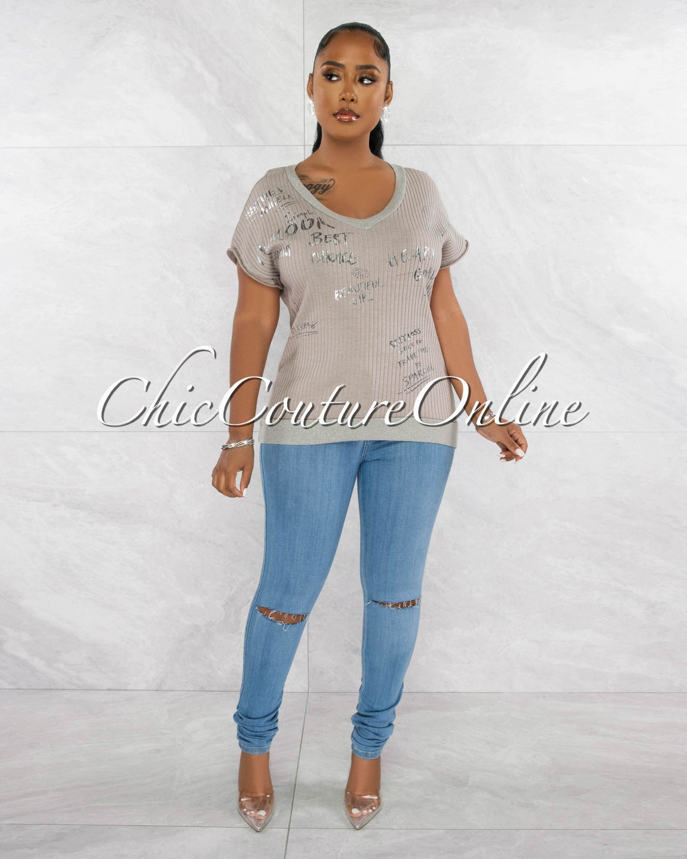*Levity Grey Silver Graphic Ribbed Top