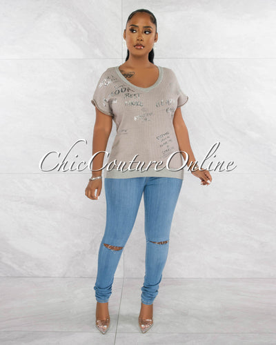 *Levity Grey Silver Graphic Ribbed Top