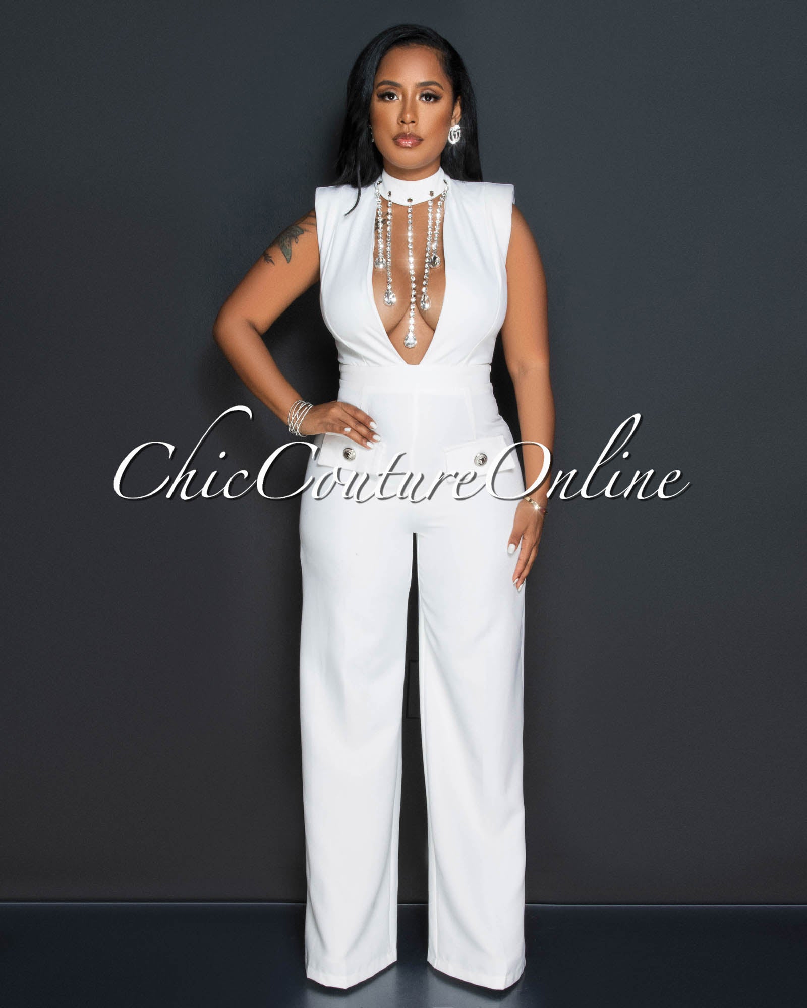 *Dionne Off-White Bust Rhinestones Accent Jumpsuit