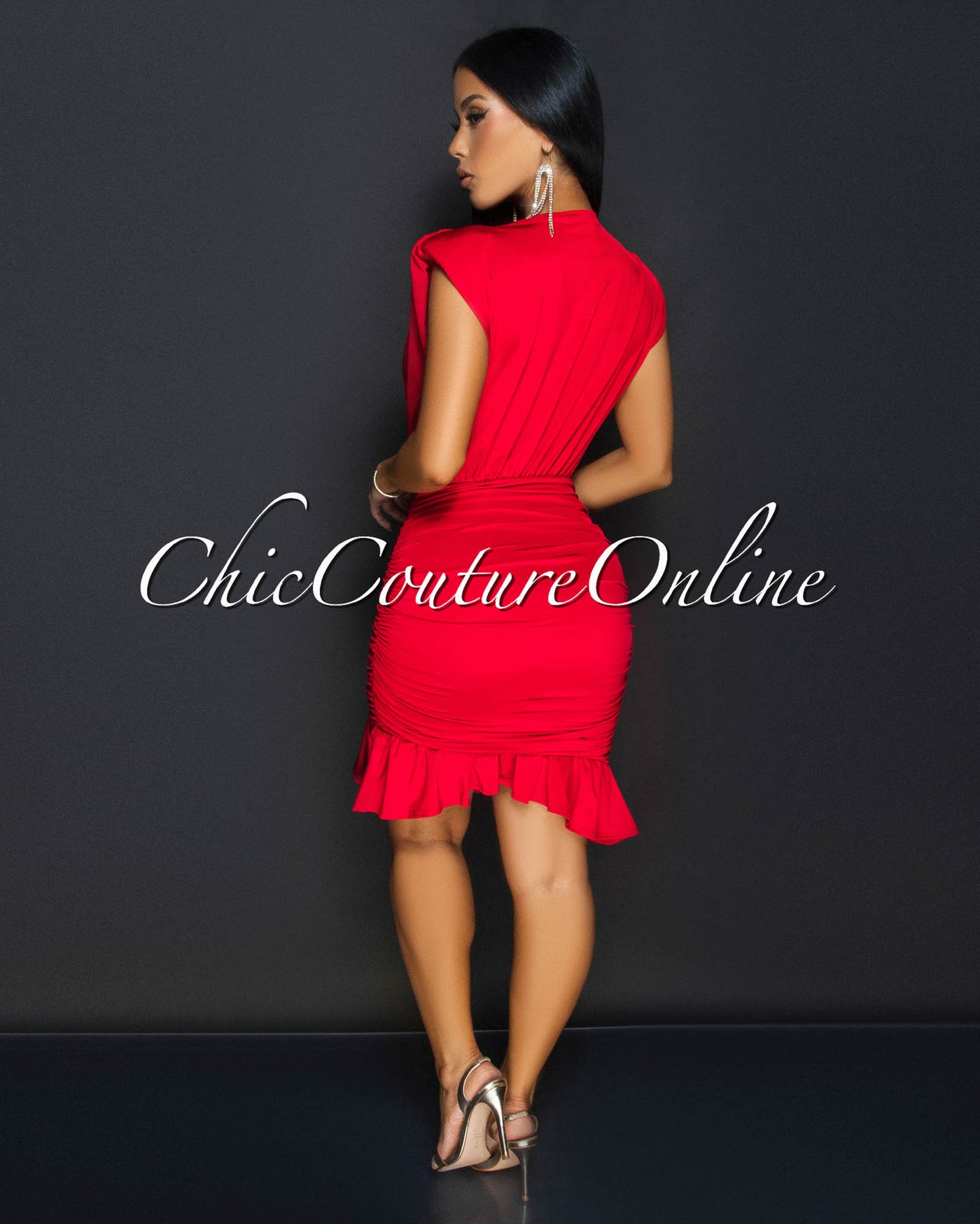 Amai Red Deep-V Ruched Ruffle Dress