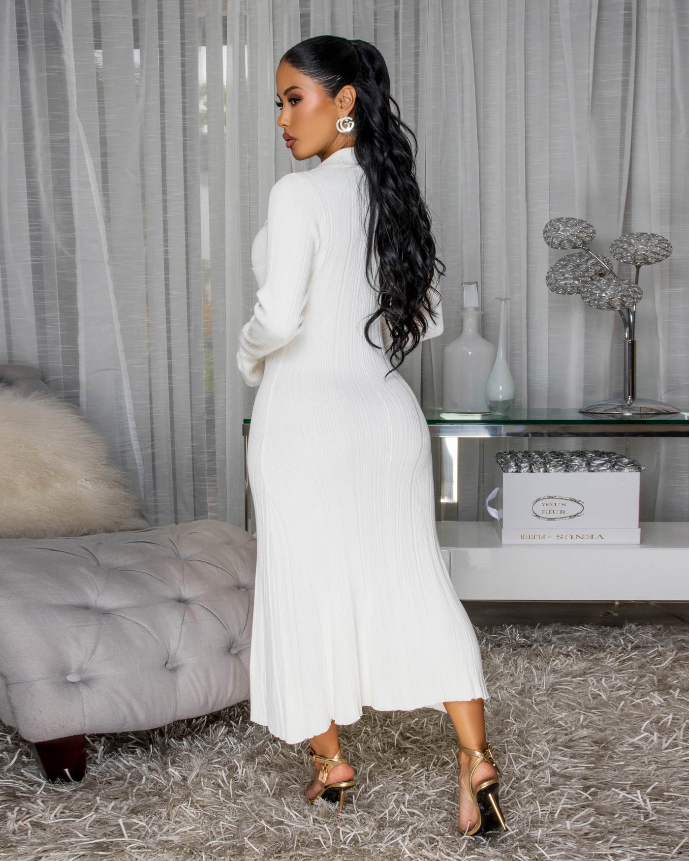 Keita Ivory Ribbed Bodycon Maxi Dress