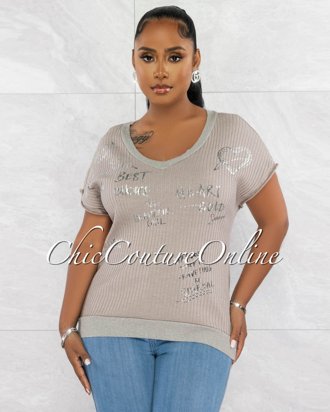 *Levity Grey Silver Graphic Ribbed Top