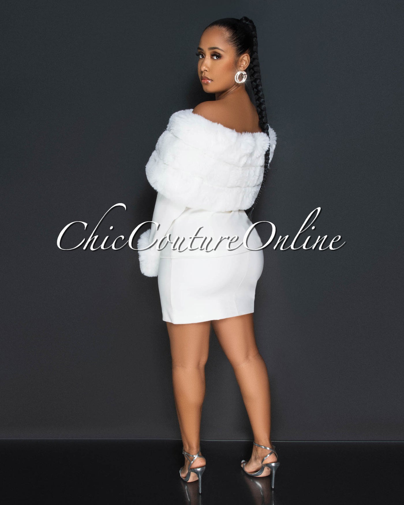 Gussy Off-White Faux Fur & Rhinestones Jacket & Skirt Set