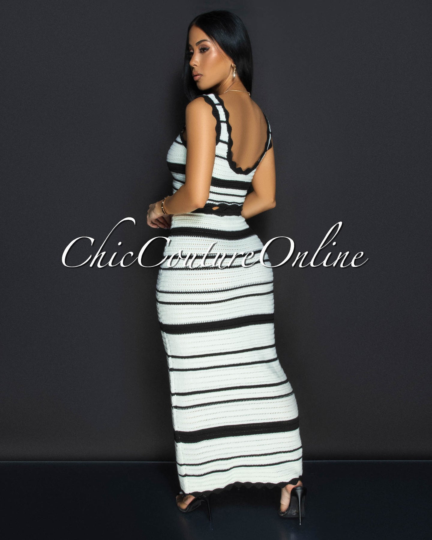 Karifa Off-White Black Crop Top & Maxi Skirt Crochet Set