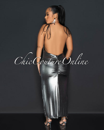 *Belizza Silver Low Back Ruched Maxi Dress