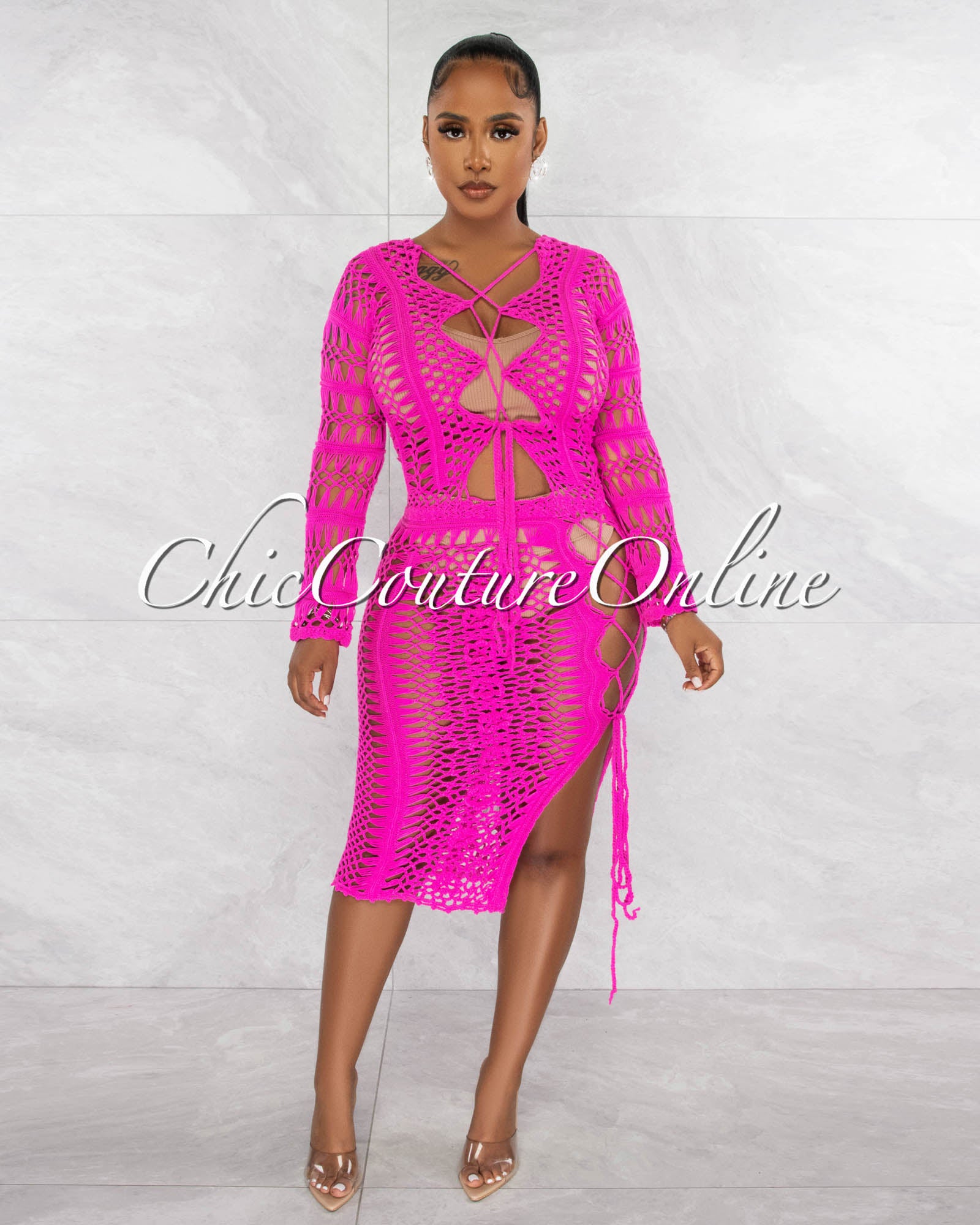 *Domna Fuchsia Crochet Cover-Up Lace-Up Midi Dress