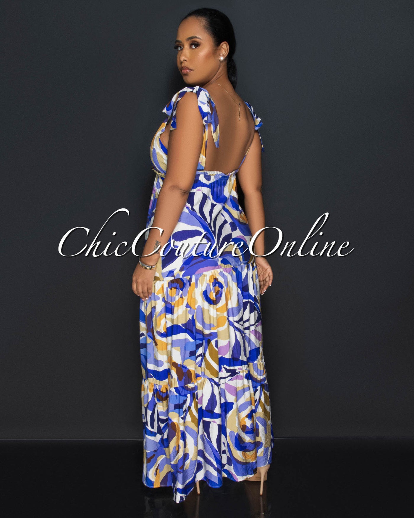 Finda Blue Cream Print Ruffle Maxi Dress