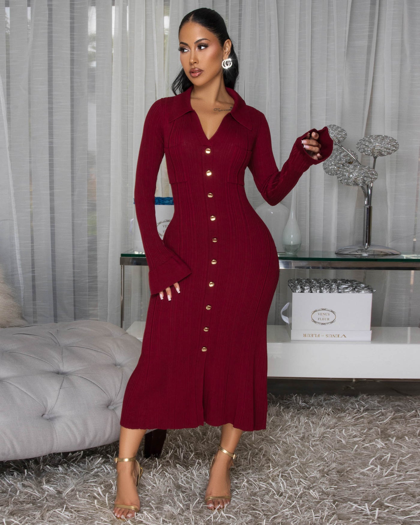 Keita Burgundy Ribbed Body-Con Midi Dress