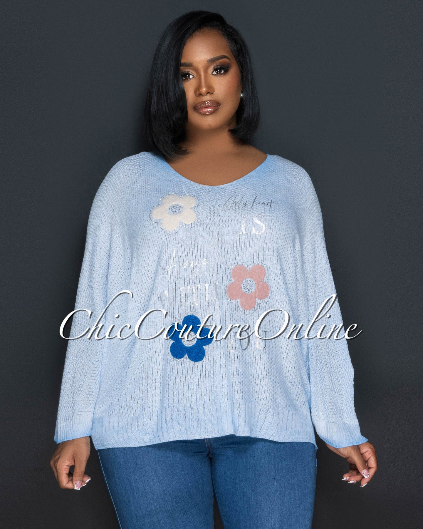 *Lucian Baby Blue Flowers Accent Knit Sweater