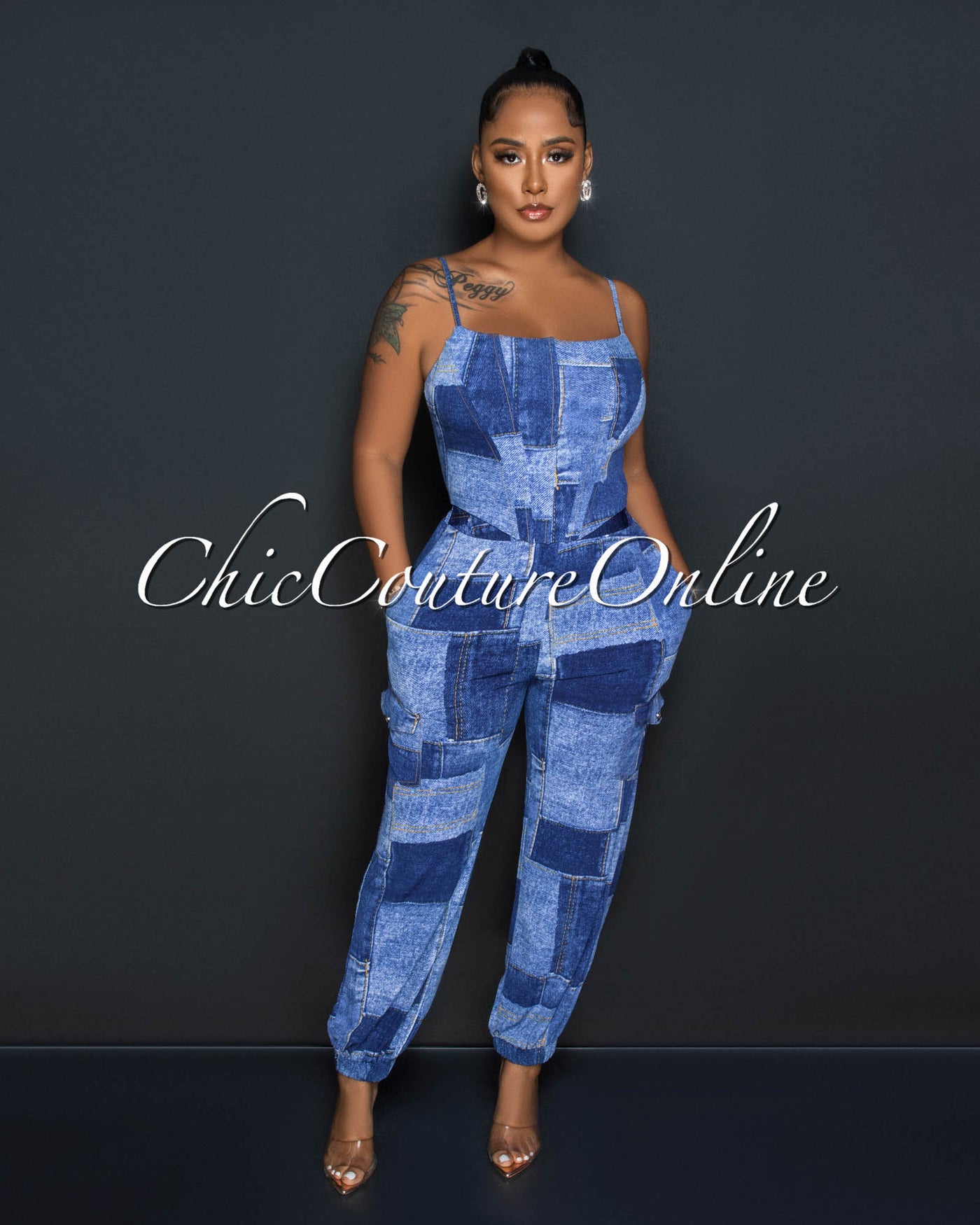 Riane Denim Patches Print Corset Top & Joggers Set