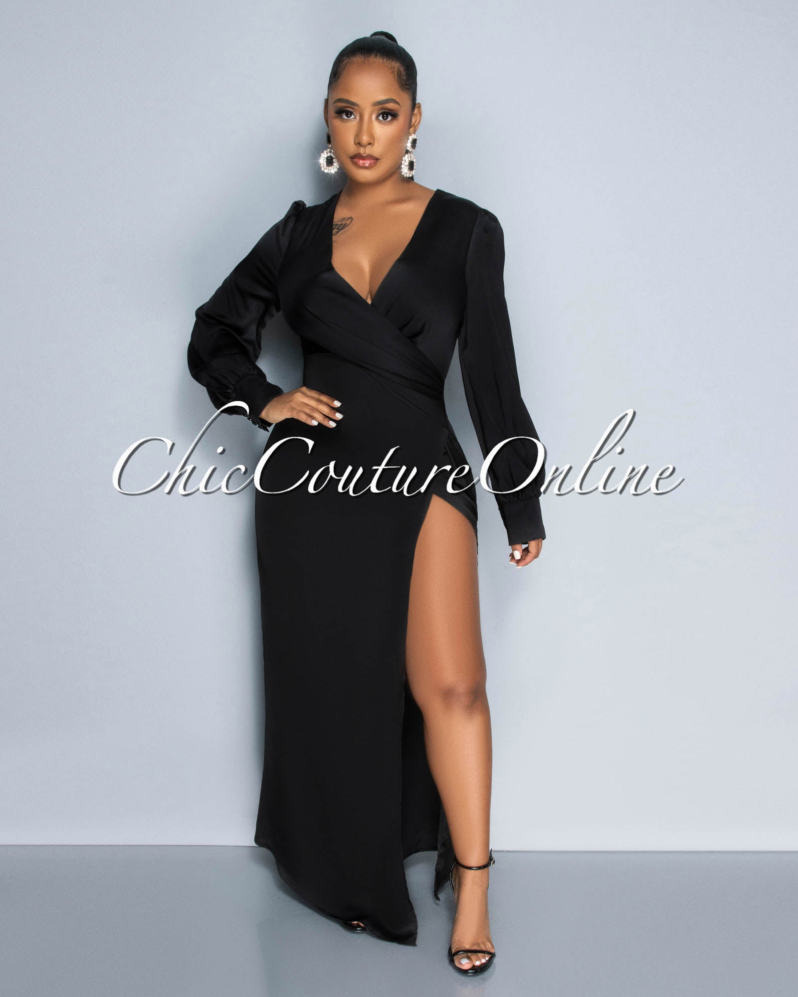 *Sandria Black Draped Leg Slit Silky Maxi Dress