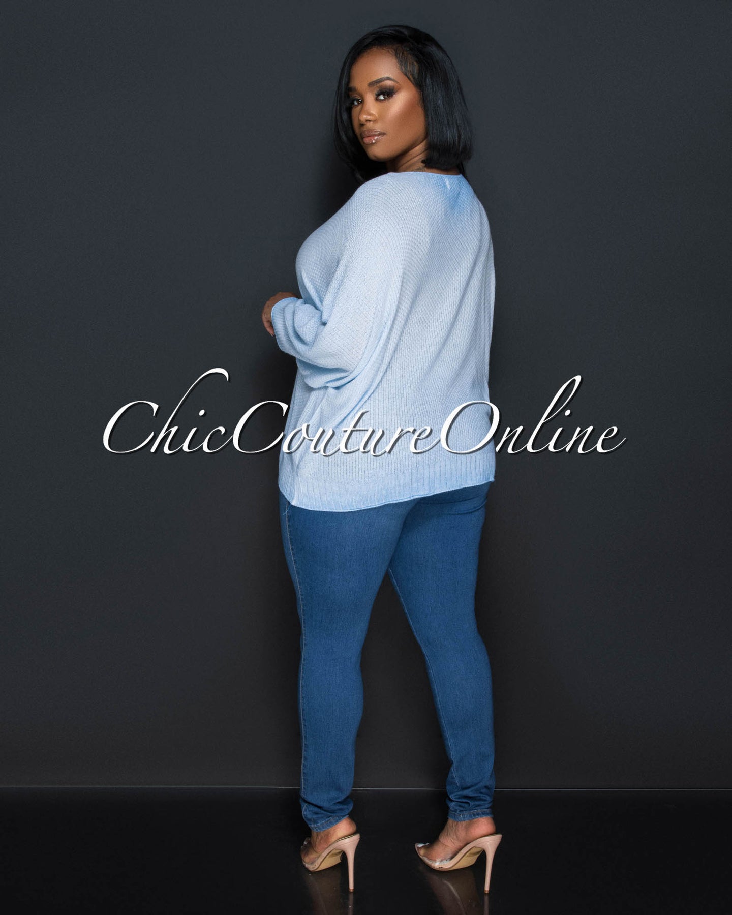 *Lucian Baby Blue Flowers Accent Knit Sweater