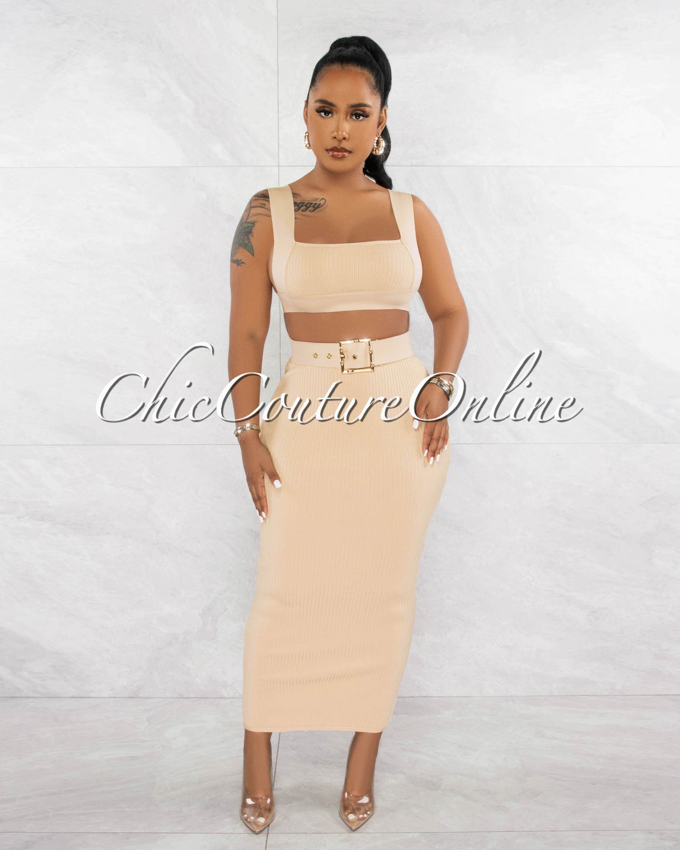 Megan Nude Crop Top & Belted Maxi Skirt Bandage Set