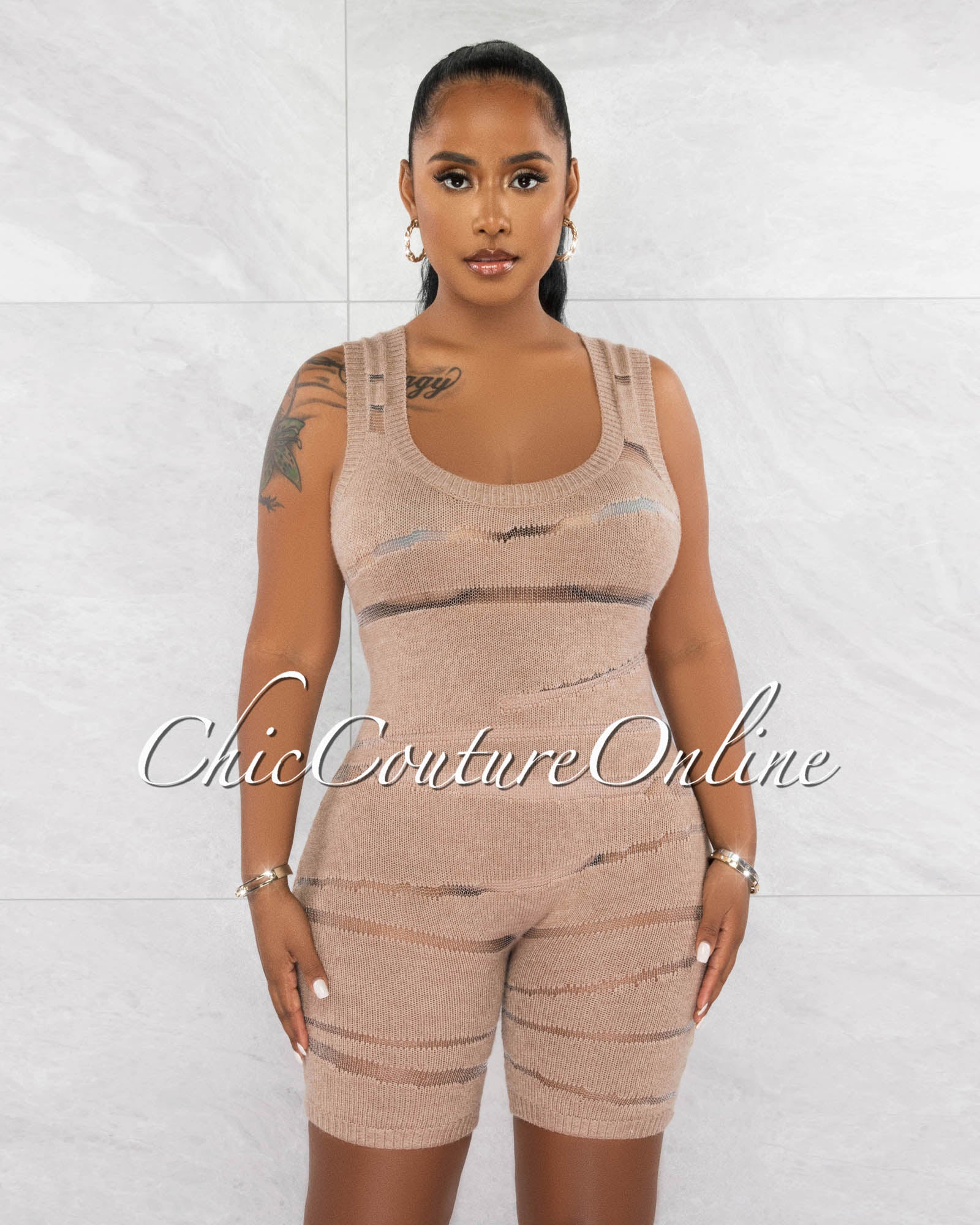 *Berenice Mocha White Mesh Sheer Details Knit Romper