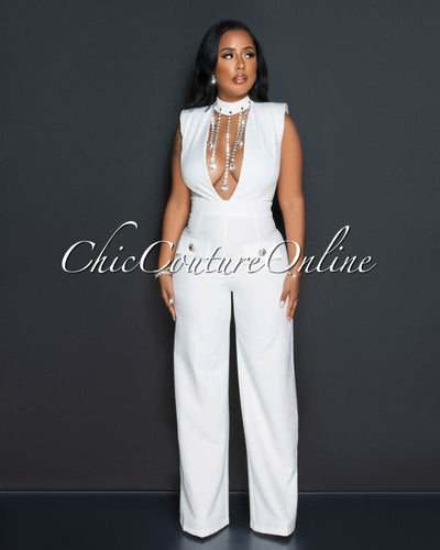Dionne Off-White Bust Rhinestones Accent Jumpsuit