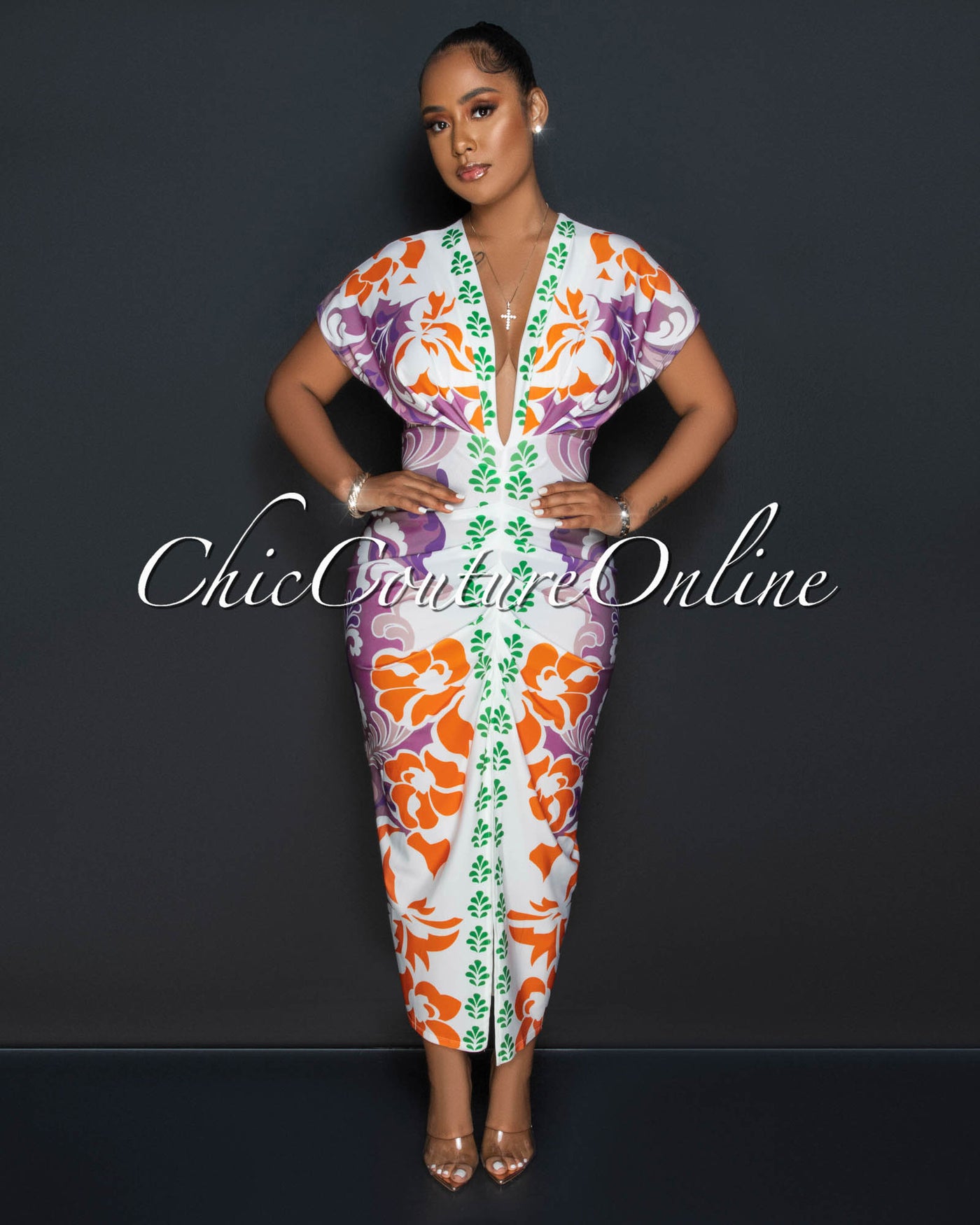 Keeya Tofee Multi-Color Print Deep V Neck Draped Maxi Dress