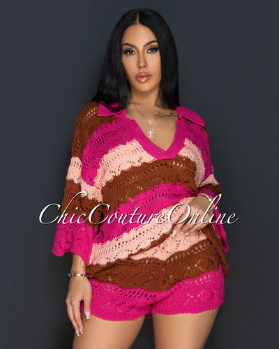 Sidra Fuchsia Brown Stripes Oversized Top & Shorts Crochet Set