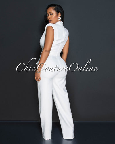 Dionne Off-White Bust Rhinestones Accent Jumpsuit