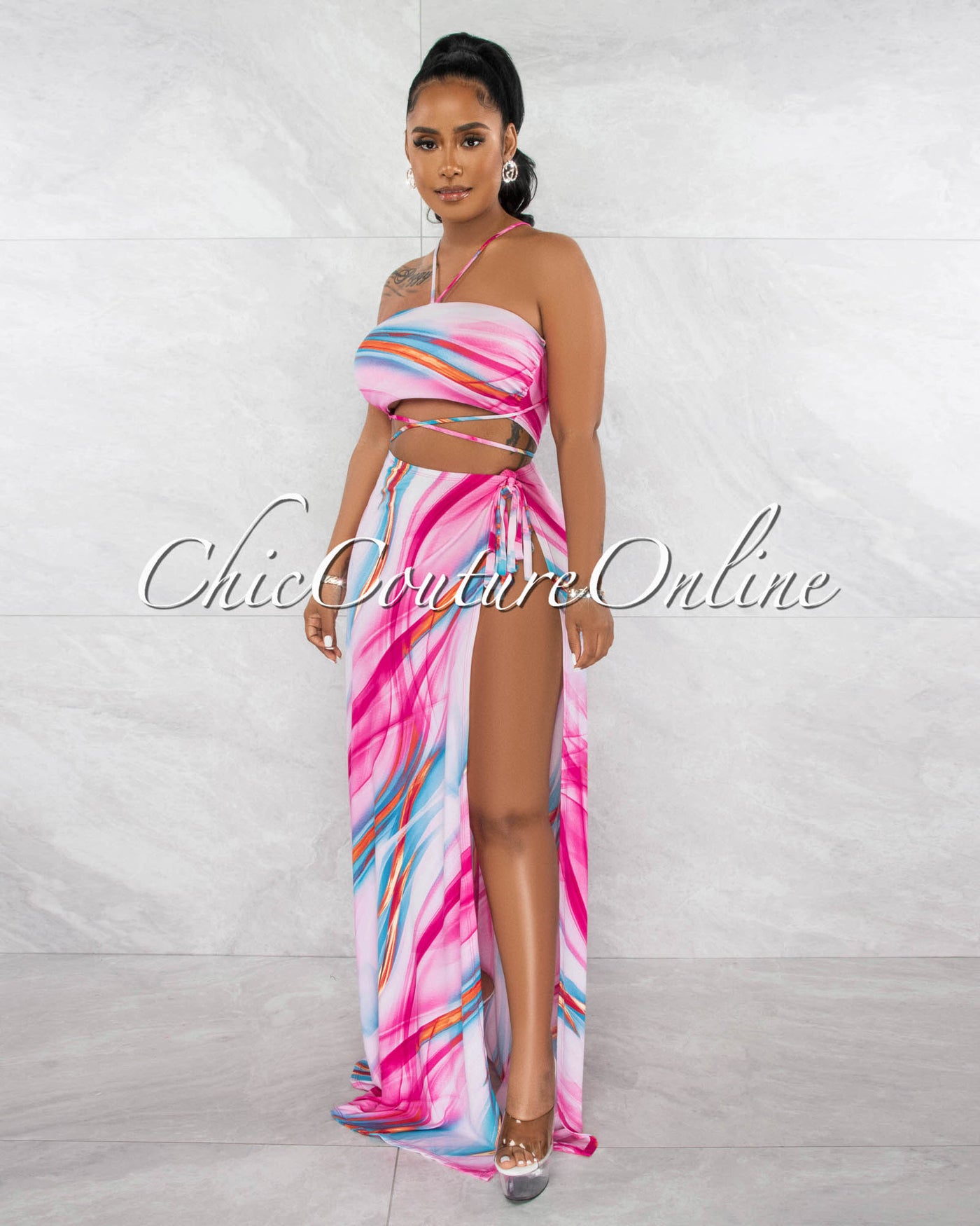 *Denley Pink Multi-Color Top & Side Slit Maxi Skirt Set