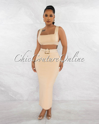 Megan Nude Crop Top & Belted Maxi Skirt Bandage Set