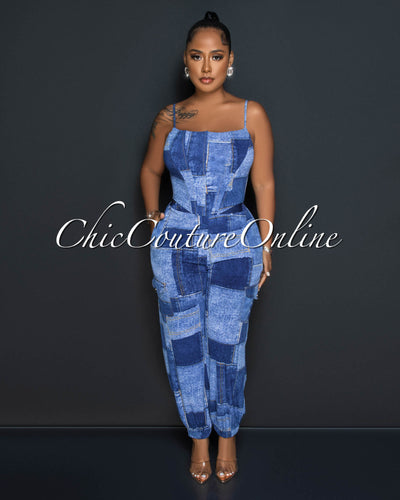 Riane Denim Patches Print Corset Top & Joggers Set