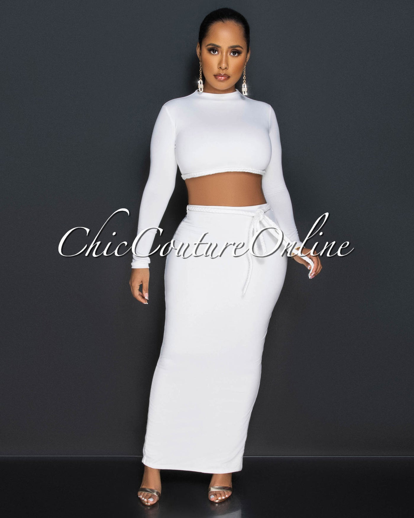 Fanny Off-White Braid Accent Crop Top & Maxi Skirt Set