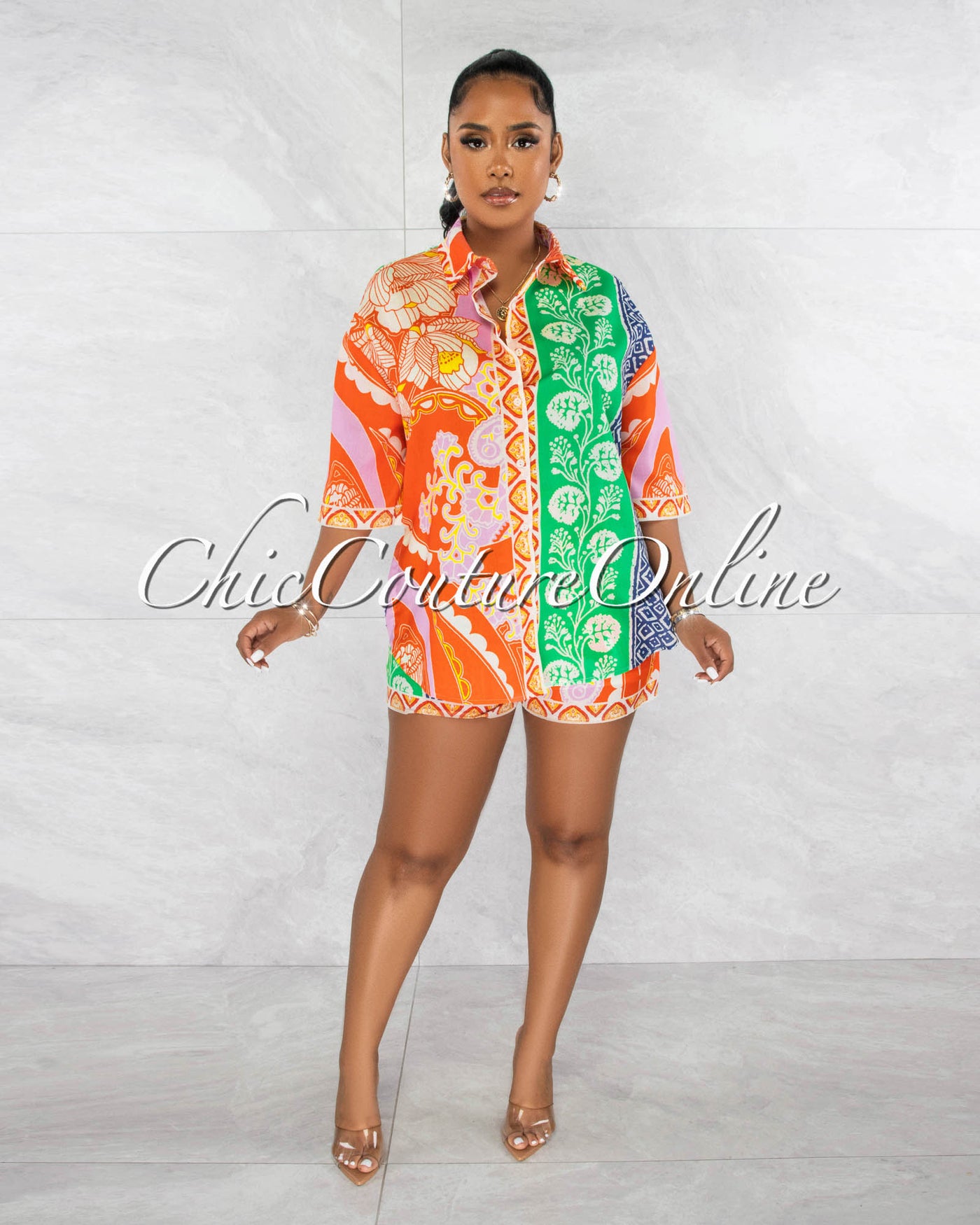 Terrel Orange Green Print Shirt & Shorts Set