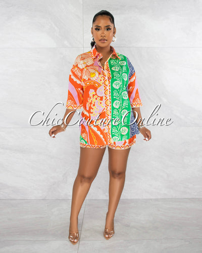 Terrel Orange Green Print Shirt & Shorts Set