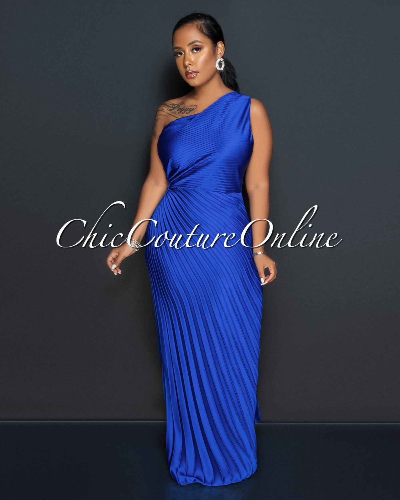Genevieve Royal Blue Pleated Single Shoulder Silky Maxi Dress