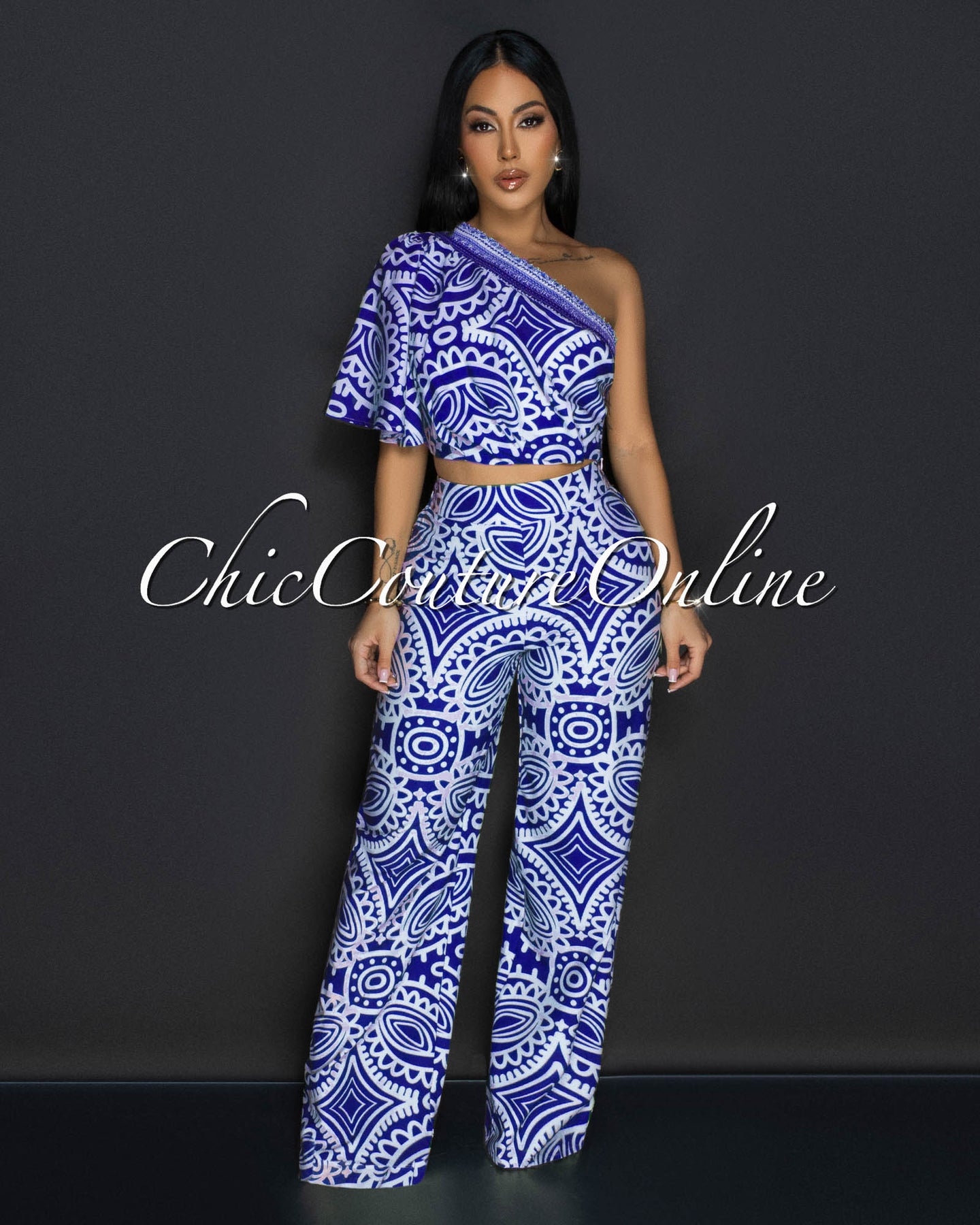 Odana Royal-Blue Beige Single Shoulder Top & Pants Set