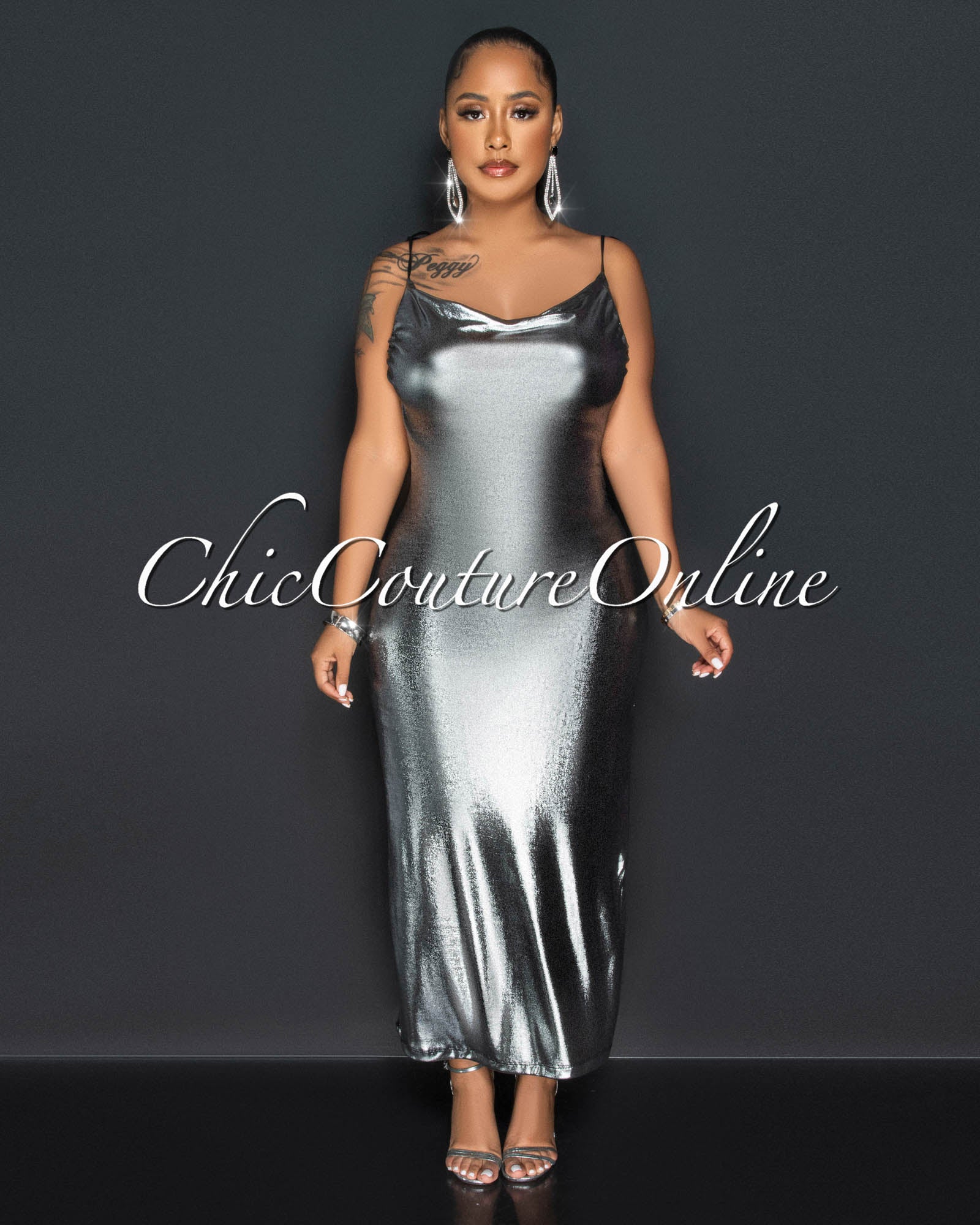 *Belizza Silver Low Back Ruched Maxi Dress