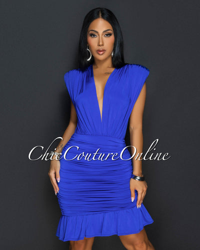 Amai Royal-Blue Deep-V Ruched Ruffle Dress