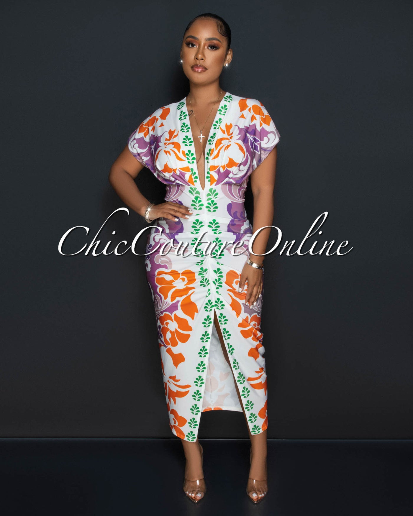 Keeya Tofee Multi-Color Print Deep V Neck Draped Maxi Dress