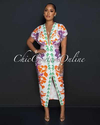 Keeya Tofee Multi-Color Print Deep V Neck Draped Maxi Dress