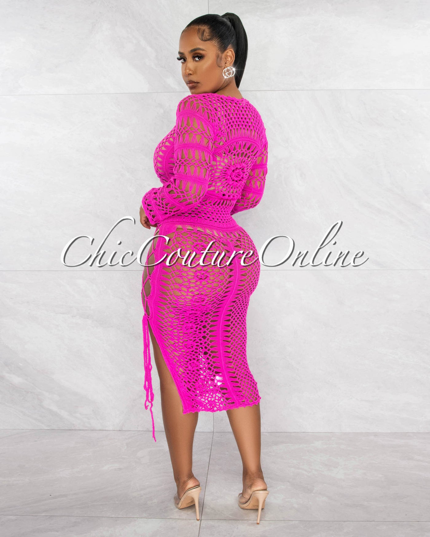 Domna Fuchsia Crochet Cover-Up Lace-Up Midi Dress