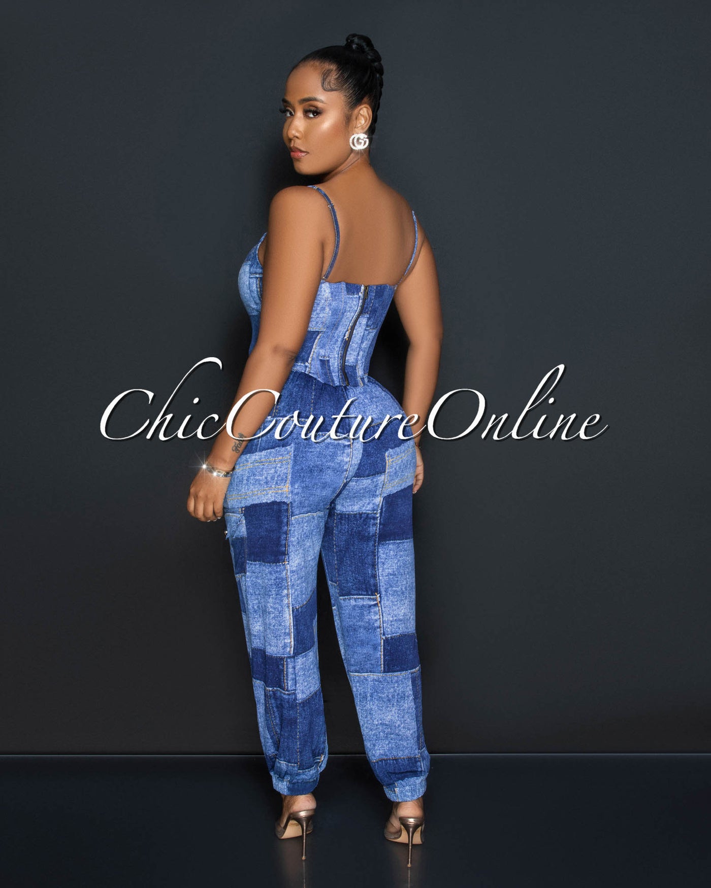 Riane Denim Patches Print Corset Top & Joggers Set