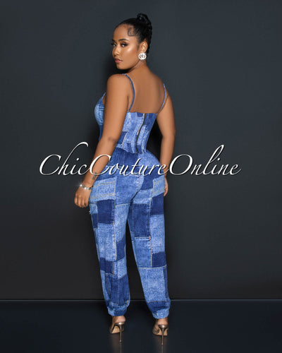 Riane Denim Patches Print Corset Top & Joggers Set