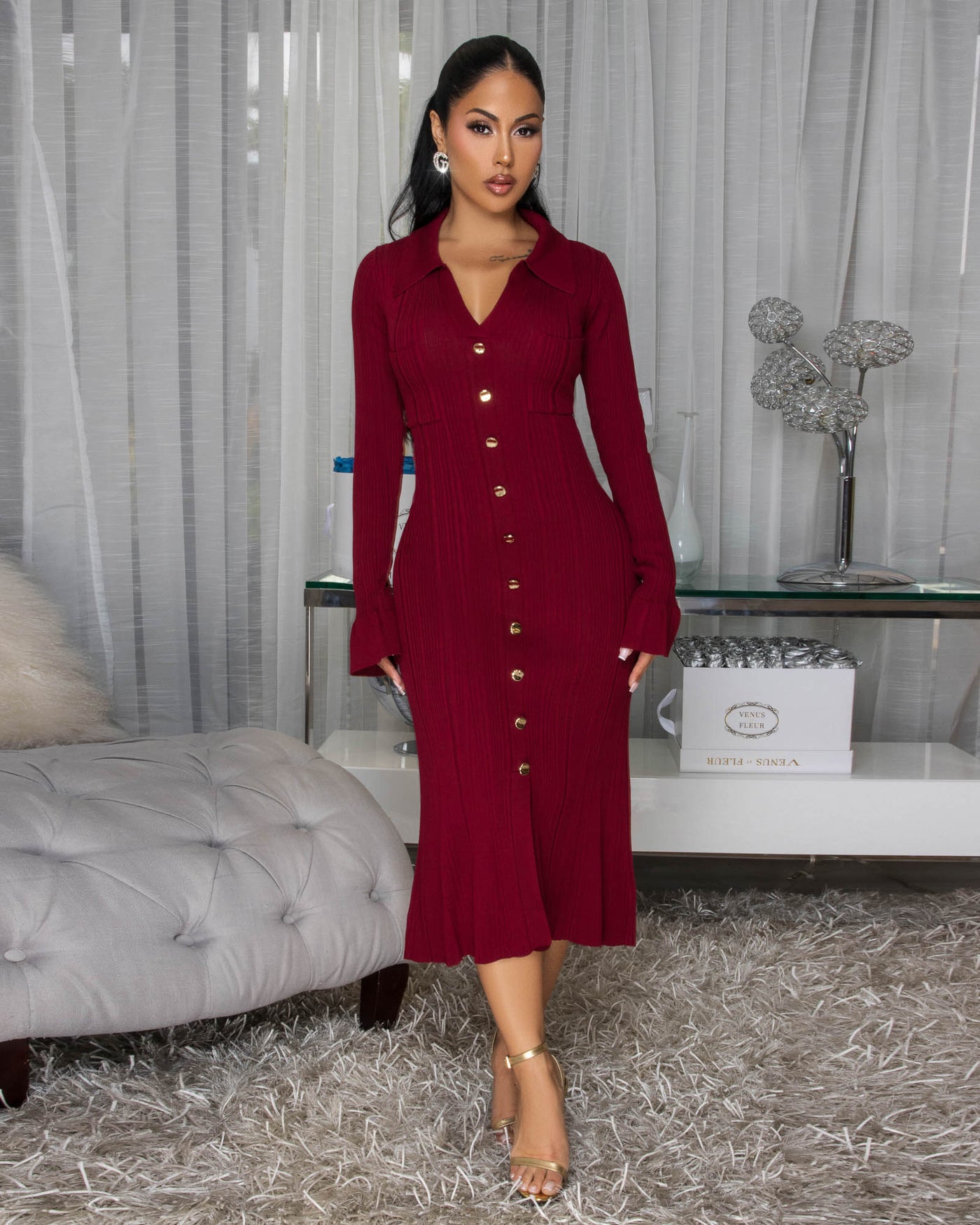 Keita Burgundy Ribbed Body-Con Midi Dress