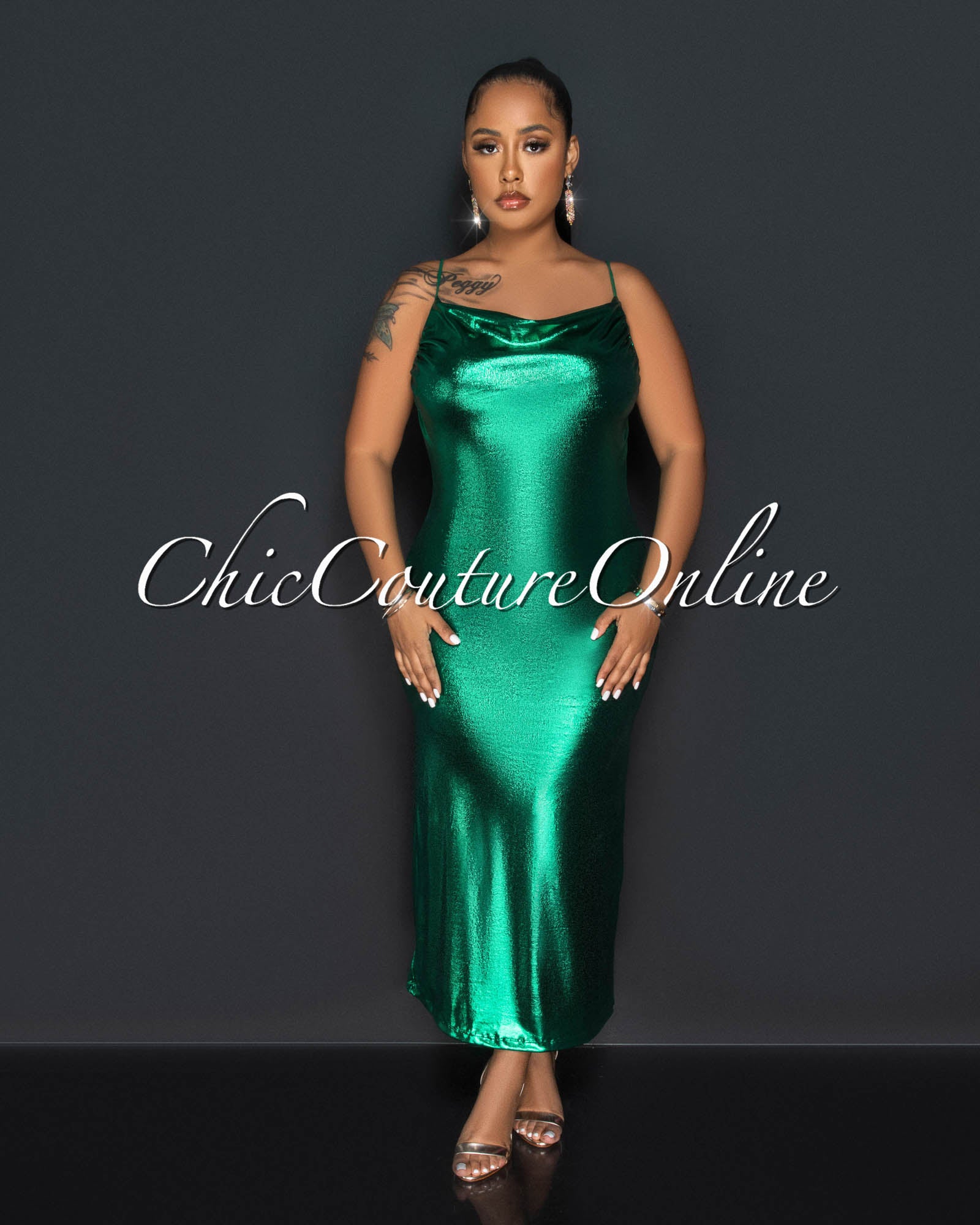 *Belizza Green Low Back Ruched Maxi Dress