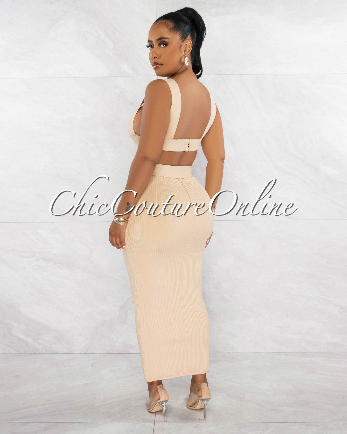 Megan Nude Crop Top & Belted Maxi Skirt Bandage Set