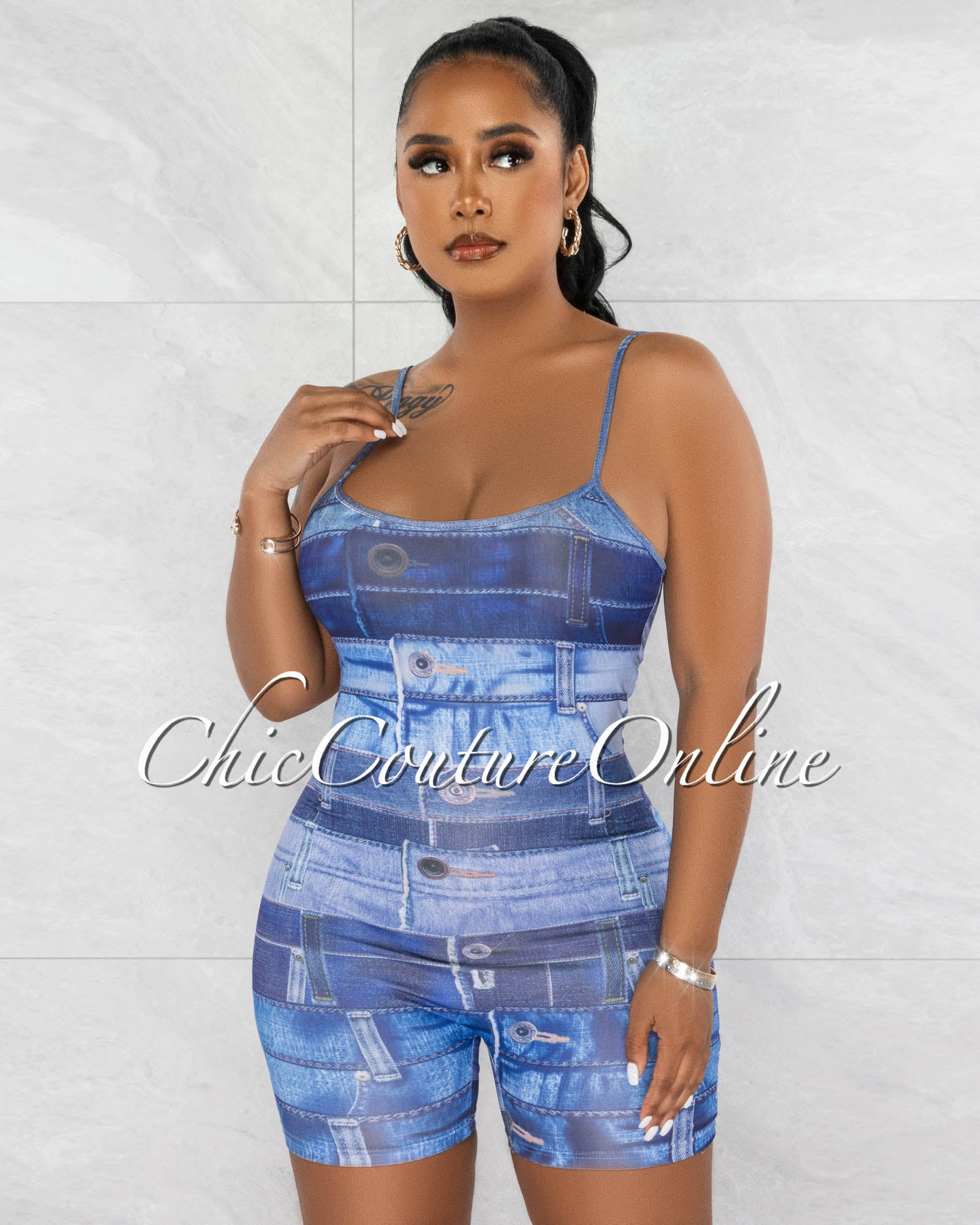 *Beara Blue Denim Patch Print Body-Con Romper