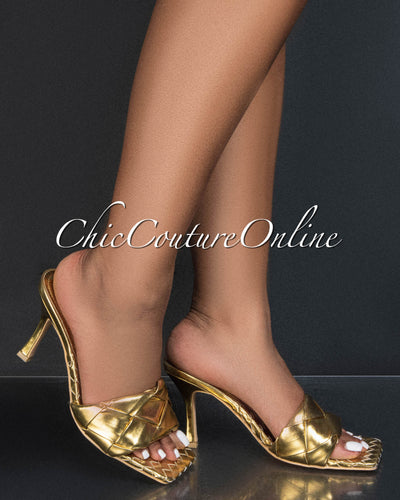 Wave It Gold Braided Upper Square Toe Heels