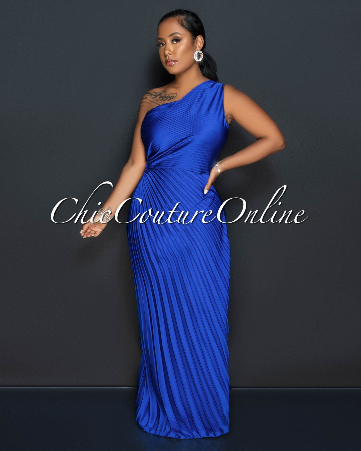 Genevieve Royal Blue Pleated Single Shoulder Silky Maxi Dress