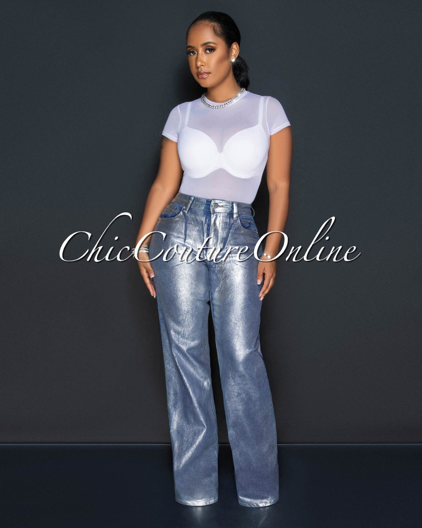 *Raissa Denim Silver Foil Wide Jeans